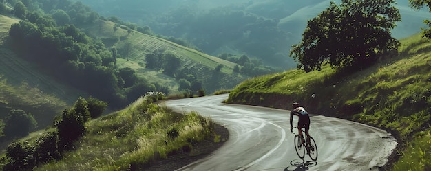 Photo cyclist riding down a winding road in a lush green valley