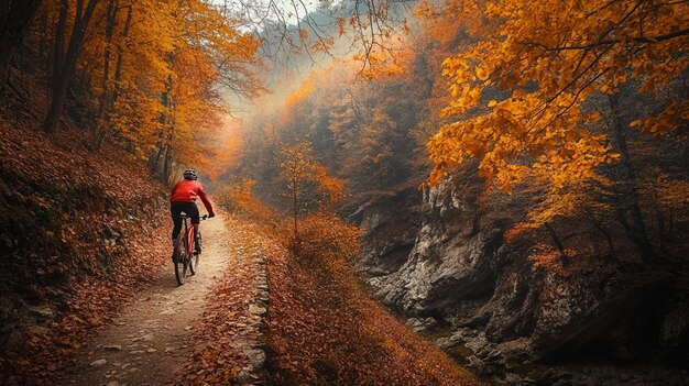 Photo cyclist riding a mountain bike through a vibrant autumn landscape