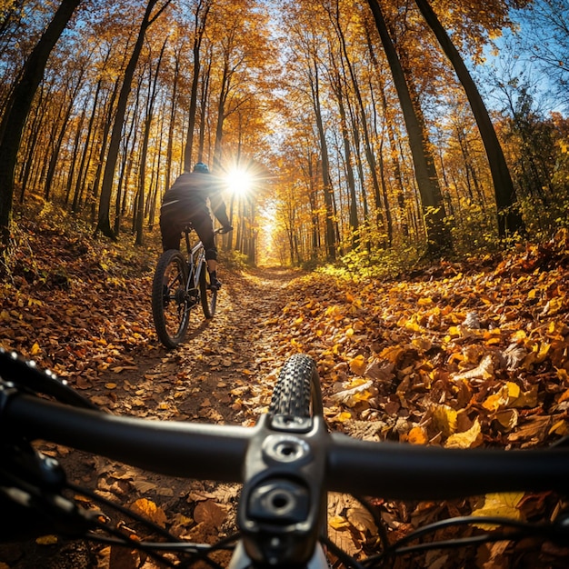 Photo cyclist riding a mountain bike through a vibrant autumn landscape