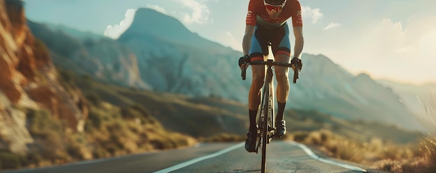 Cyclist Riding Road Bike Up Mountain Road at Sunset