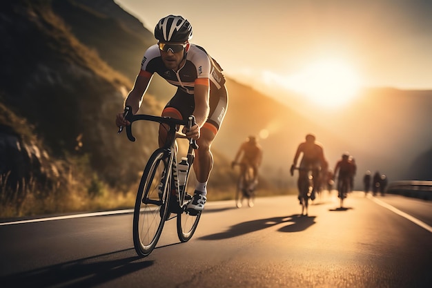 Cyclist Riding the Road to the Top of the Mountain at Sunset