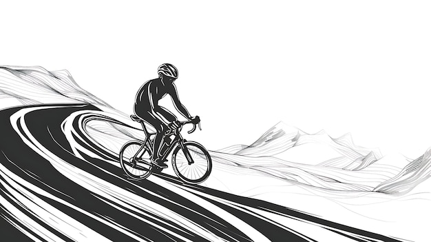 Cyclist riding on a road with mountains in the background The cyclist is wearing a helmet and the road is winding