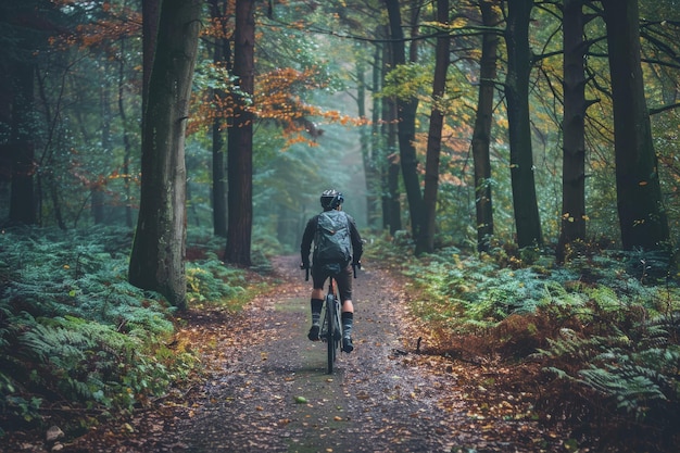 A cyclist riding through a forest path