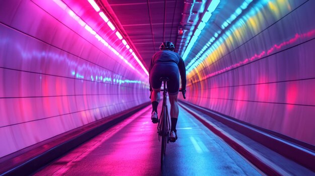 Photo cyclist riding through a neonlit tunnel