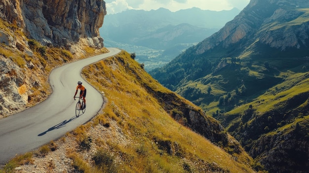 Cyclist riding a winding road in the mountains