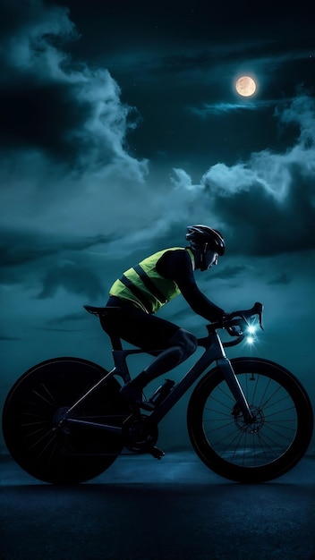 Photo cyclist sitting on bicycle under cloudy night sky