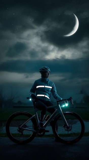 Photo cyclist sitting on bicycle under cloudy night sky