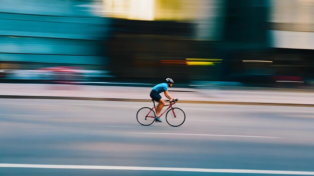 Photo a cyclist speeds down a city street with a blurred background