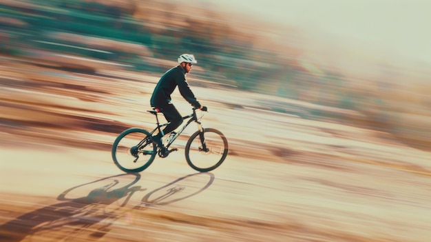 A cyclist speeds down an expansive desertlike trail leaving a cloud of dust behind in the golden afternoon light