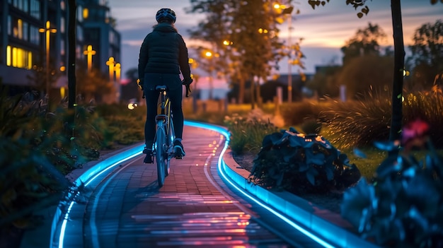 A cyclist using a solarpowered bike lane for night riding