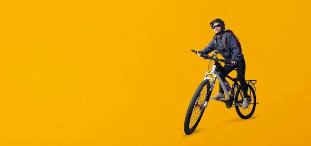 Cyclist woman riding a bike isolated on yellow background Clipping paths for design work empty free space