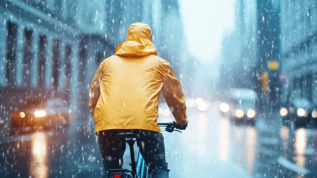 Photo a cyclist in a yellow raincoat navigates a rainy city street capturing the essence of urban adventure in challenging weather