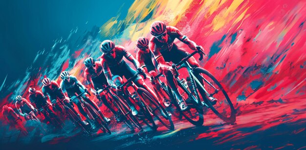 Cyclists in action with explosive red and blue artistic backdrop