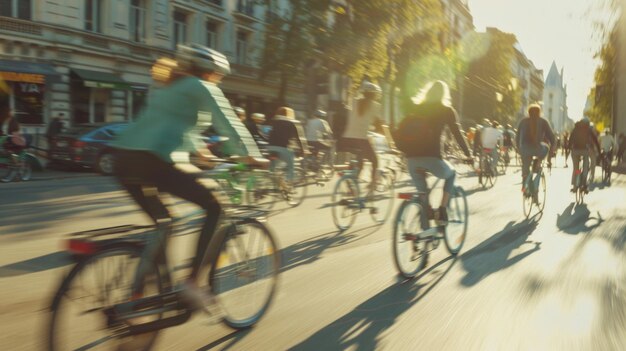 Cyclists in motion blur soaking up the sun on a bustling city street