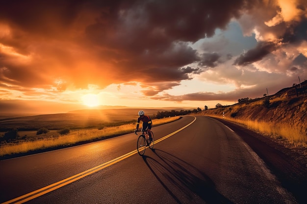 Cyclists practice cycling on open road to sunset