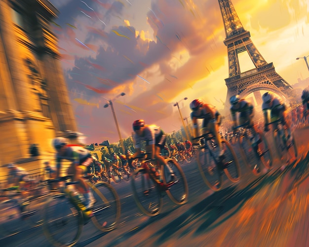 Cyclists race through Paris at sunset with the Eiffel Tower in the background creating a vibrant