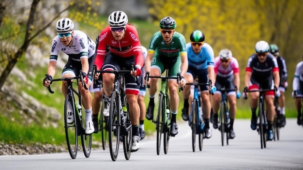 Cyclists racing on country roads on a sunny day in the UK