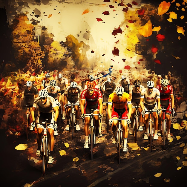 Photo cyclists racing through a colorful autumnal scene