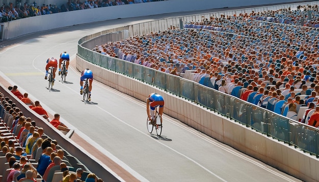 Photo cyclists racing on a velodrome track