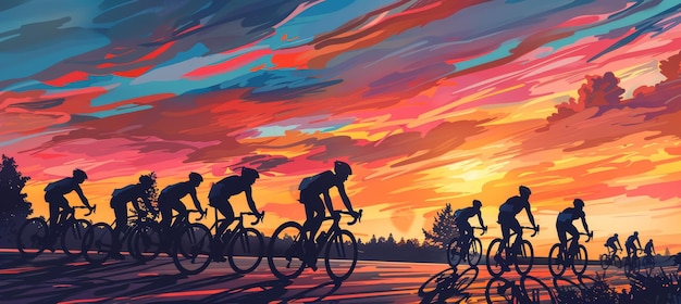 Cyclists Riding at Sunset on a Rural Road with Vibrant Sky and Tree Silhouettes