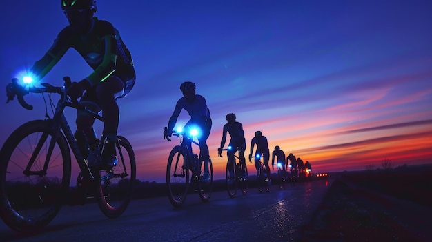 Photo cyclists training at dusk on rural road with reflective gear and lights under evening sky