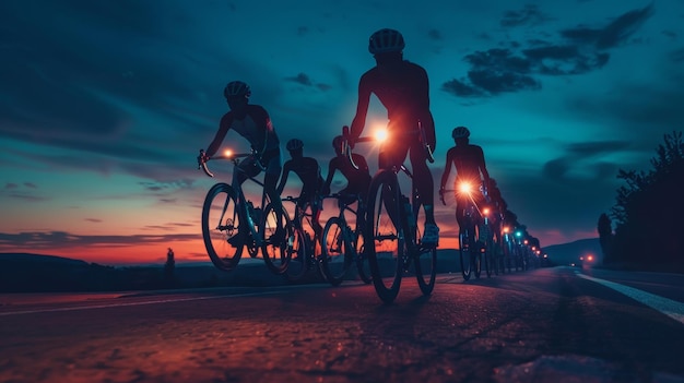 Cyclists Training at Dusk on Rural Road with Reflective Gear and Lights under Evening Sky