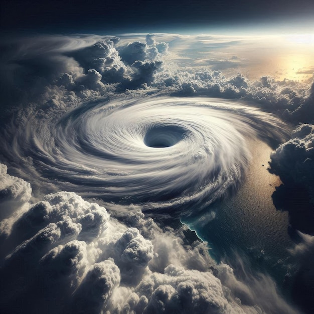 Photo cyclone clouds forming eye of the storm viewed from above