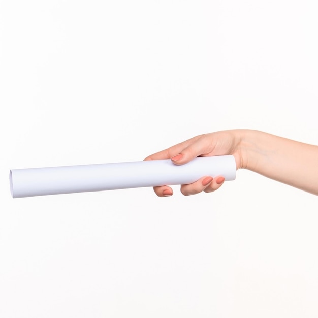 The cylinder female hands on white background