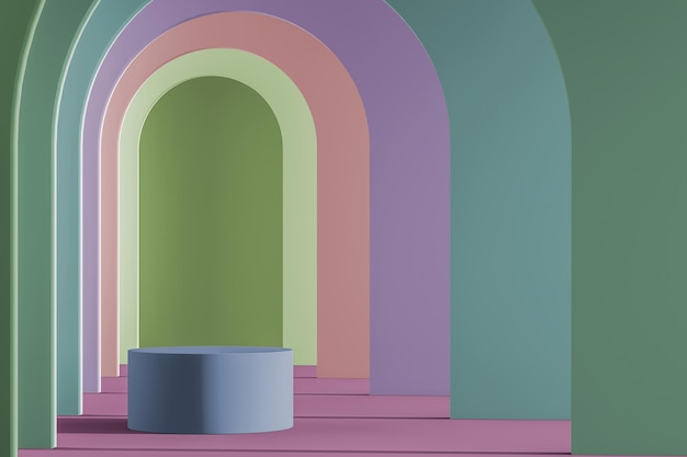 Cylinder platform on multicolored arch wall pattern mockup scene for product presentation