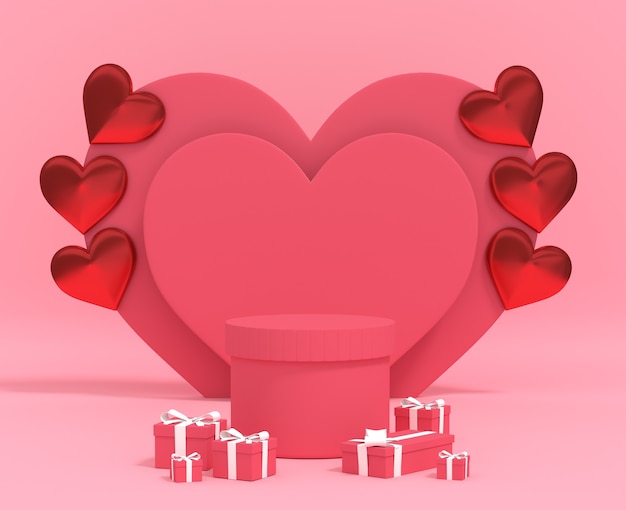 Cylinder podium for product valentine's day with balloon gift box. 3D rendering  Premium Photo