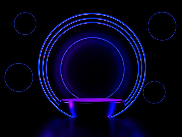 Cylinder or product podium with realistic blue or purple circles neon lights background 3D render