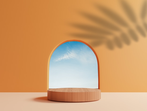 Cylinder wooden podium with minimal blue cloud sky scene from round window and leave shadow on orange wall for summer product stage display by 3d rendering technique.