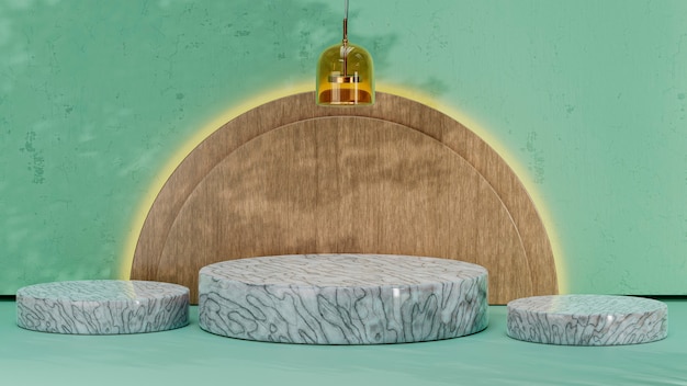 Cylindrical marble podiums with ceiling light and  half circles in wood for products