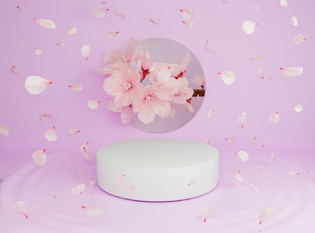 Cylindrical product stand with falling flower petals with a branch full of cherry blossoms behind. 3d rendering