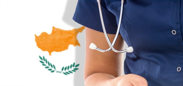 Cyprus flag female doctor with stethoscope, national healthcare system