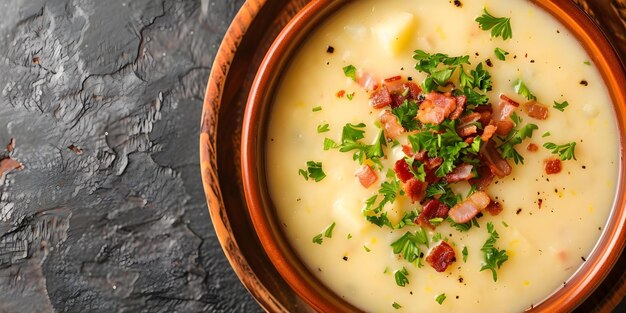 Photo czech potato soup with bacon bits and fresh herbs closeup shot concept food photography czech cuisine soup recipe closeup shots fresh ingredients