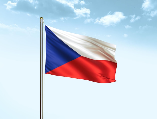 Czech Republic national flag waving in blue sky with clouds Czechia flag 3D illustration