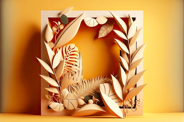 D abstract in form of frame with leaves on beige background