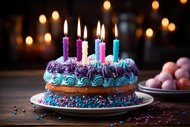 d birthday cake with lit candles on op