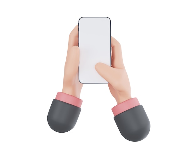 D cartoon hand holding smartphone isolated on white background hand using mobile phone mockup d rend...