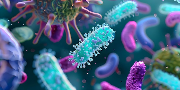 D Closeup Render of Different Bacteria Types Including Lactobacillus and Salmonella Seen Through a Microscope Concept Bacteria Types Closeup Render Microscope View Lactobacillus Salmonella