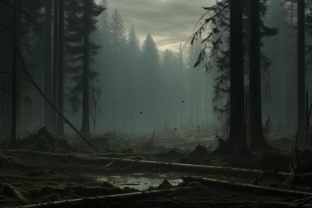 d foggy forest landscape