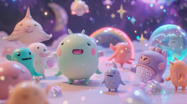 D galaxy filled with cute pastel alien creatures AI generated illustration