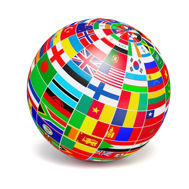 D globe sphere with flags of the world on white