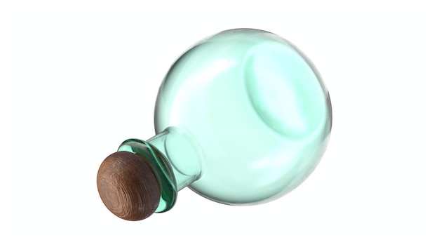 D illustration of empty glass flask closed with cork stopper