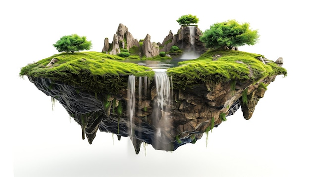 D illustration of a floating forest island with stunning landscape and waterfalls on a white