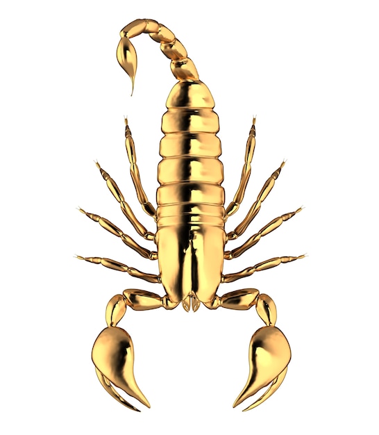 D illustration of gold scorpion on white background