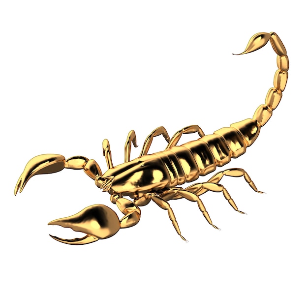 D illustration of gold scorpion on white background