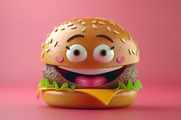 Photo d illustration of a happy pink hamburger character with a smiling face and sesame seeds