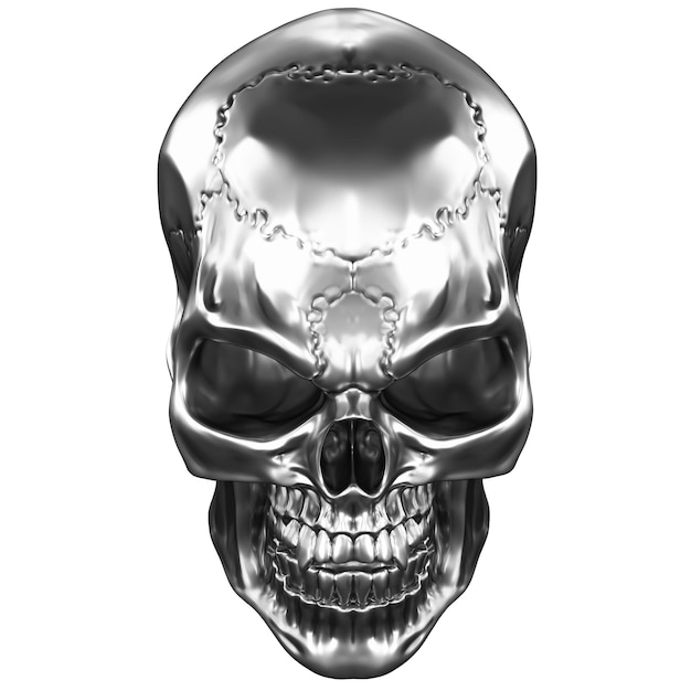 D illustration of metallic chrome human skull isolated on white background